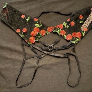 Black Lace Garter Belt with Red Cherry Embroidery